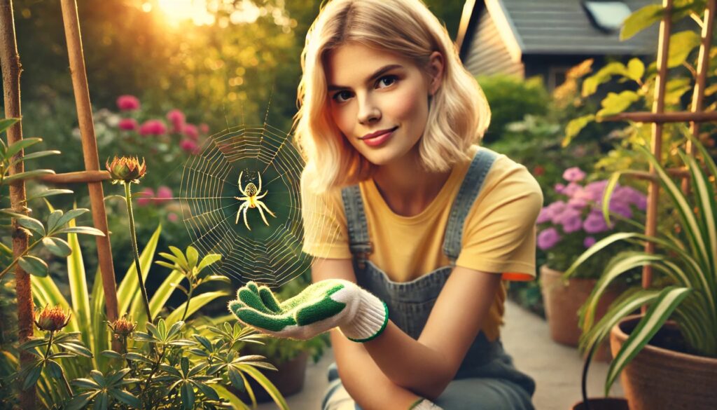 A young European woman with blonde hair and light skin sits in a sunlit garden, curiously observing a yellow garden spider in its web. She wears a casual gardening outfit and gloves, displaying cautious curiosity rather than fear.