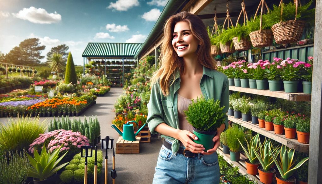 A cheerful young woman in a gardening center, holding a potted plant and looking around with delight. The background features colorful flowers, green shrubs, and neatly arranged gardening supplies under a bright blue sky.