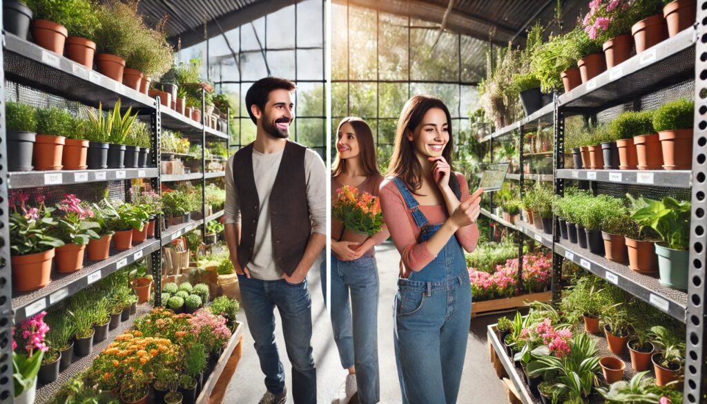 A side-by-side comparison of two garden centers. On the left, a couple browses a well-stocked plant section, selecting flowers with smiles. On the right, a woman thoughtfully examines plant labels. Both areas showcase vibrant greenery and gardening tools.