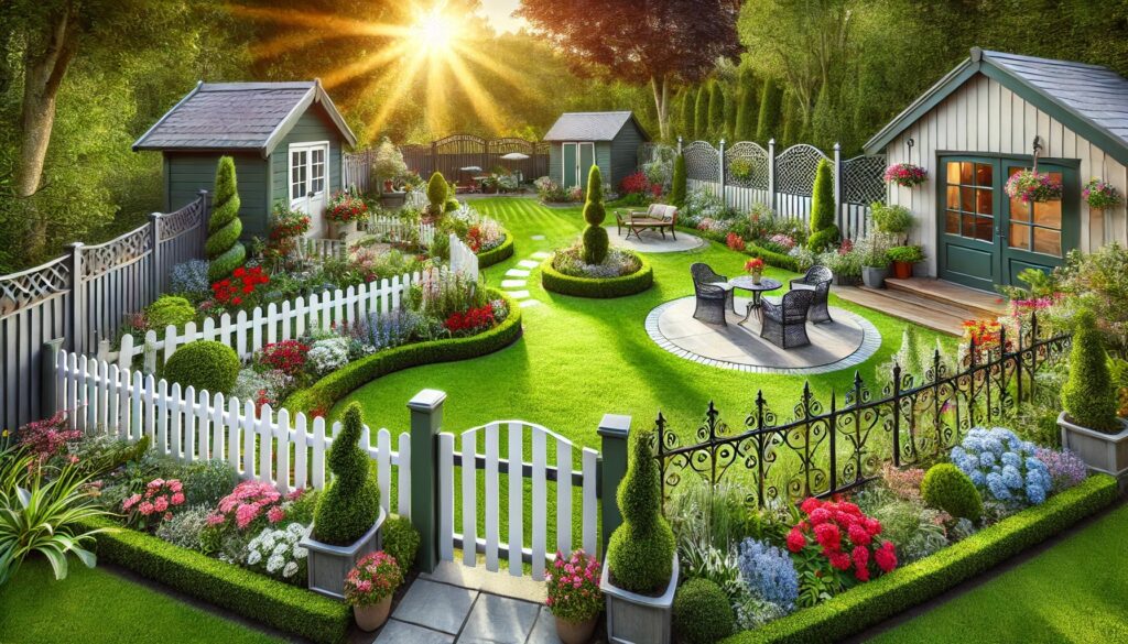 A beautifully landscaped backyard featuring a variety of gardening fences, including a white picket fence, a wrought iron fence along a pathway, and a wooden privacy fence near a seating area, surrounded by lush greenery and colorful flowers.