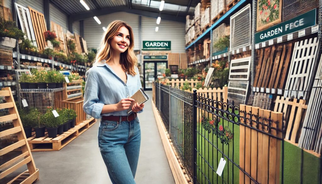 A cheerful young woman with blonde hair, dressed in casual gardening attire, examines a fence panel at an outdoor garden supply store with neatly displayed metal, wooden, vinyl, and decorative fencing options.