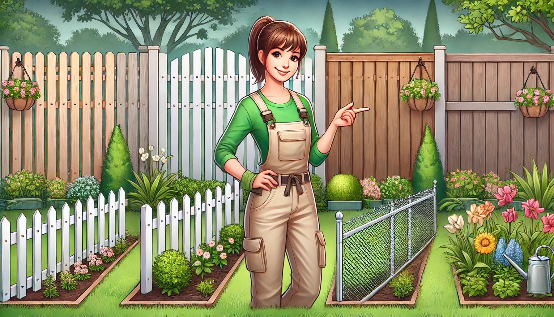 An educational visual guide showcasing different gardening fence styles, including a white picket fence, a metal wire fence, a wooden fence, and a modern vinyl fence, with a smiling woman in gardening attire explaining their features.